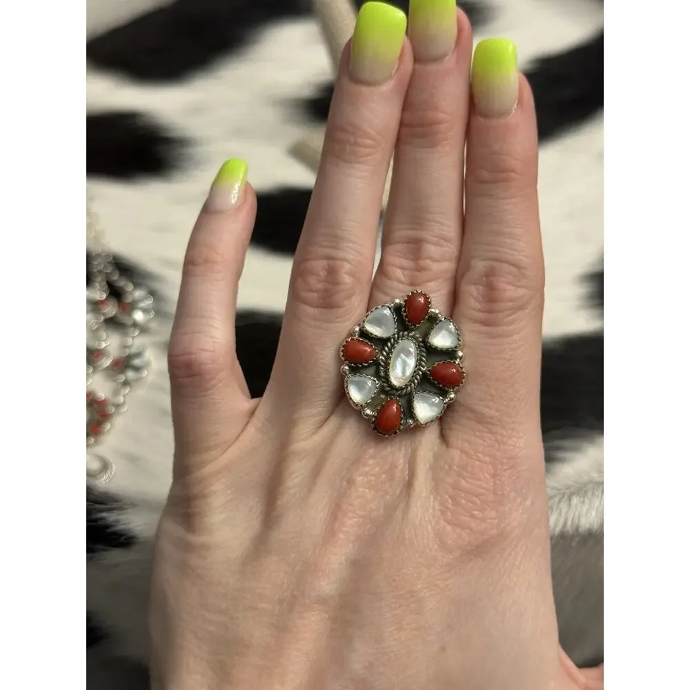 Native American Sterling Silver Red Coral Mother Of Pearl Cluster Flower Ring